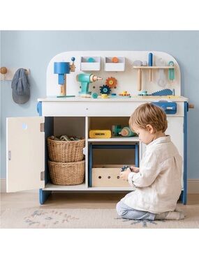 Large Wooden Workbench with Storage Cabinet